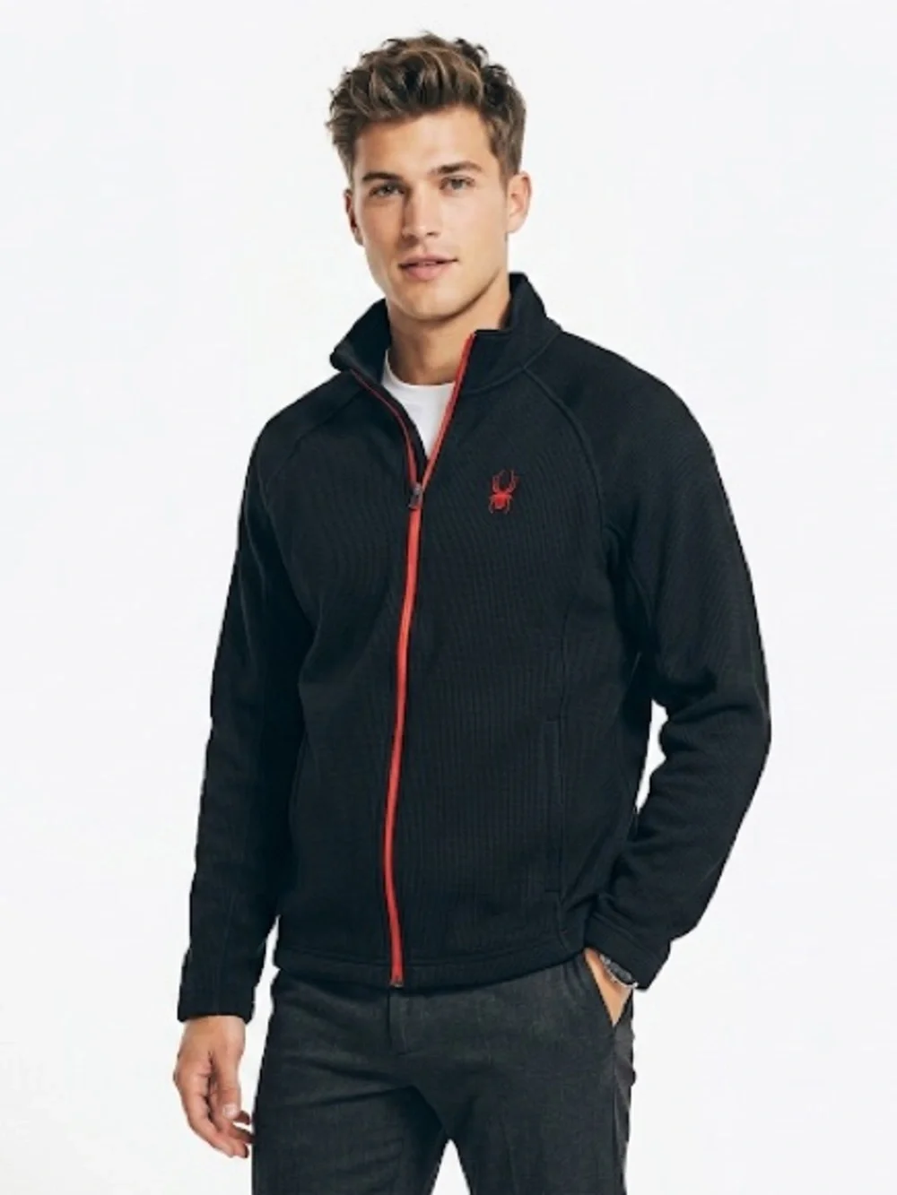 Spyder Men's Constant Full Zip Waffle Knit Sweater Jacket Black Red Large